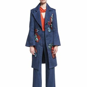 Josie Natori Embroidered Denim Trench Coat Sz 0